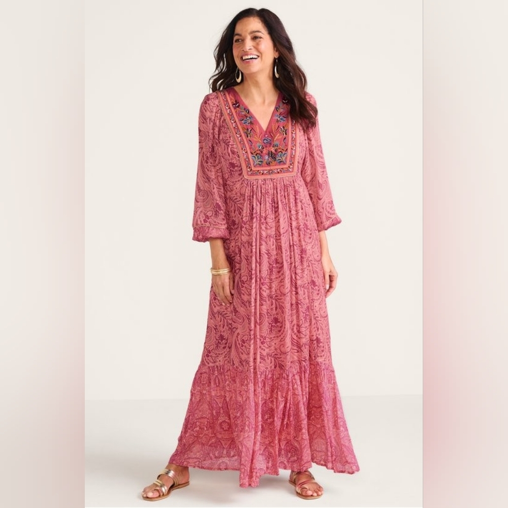 Soft Surroundings Ginger Maxi‎ Dress 2GV62 Sunset Paisley Pink Boho Beachy